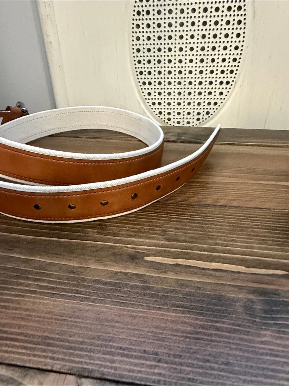 Tommy Hilfiger Tan Leather-Trim White Canvas Belt M